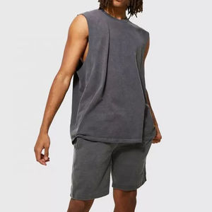 Ensemble de survêtement deux pièces pour homme, débardeur de sport et short, avec logo personnalisé, style oversize, délavé à l'acide, en coton respirant, pour l'été - Product Image 2