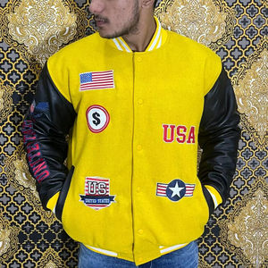 Chaqueta Universitaria Unisex de Diseño Personalizado de Primera Calidad, Cuello Mao, 100% Lana, Mangas de Cuero, Logotipo Frontal en Lona - Product Image 1