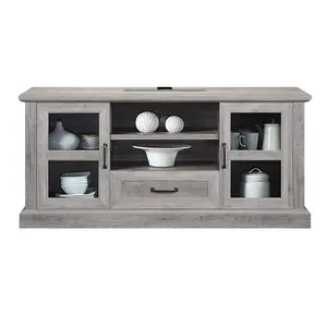 Rustic Modern TV Cabinet Buffet Storage with Window Pane Glass Cabinet Doors and Adjustable Shelves