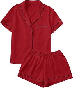 Pijama de dos piezas de algodón con cuello entallado y manga corta para mujer - Product Image 4