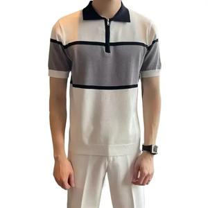 เสื้อโปโลลำลองธุรกิจฤดูร้อนแขนสั้นผู้ชาย, เสื้อยืดแขนสั้นหลวมเกาหลีพิมพ์ลายทางมีซิป - Product Image 1