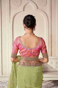 Thanh Lịch Màu Xanh Lá Cây Lưới Saree Với Nặng Thêu Ren Biên Giới Và Màu Hồng Áo Thiết Kế Partywear Ấn Độ Dân tộc Ăn Mặc Cho Phụ Nữ - Product Image 6