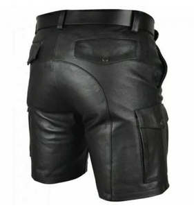Short cargo noir en cuir véritable personnalisé pour hommes, tissu en maille à séchage rapide, vêtements de club à motif solide avec poches, shorts décontractés pour hommes - Product Image 4