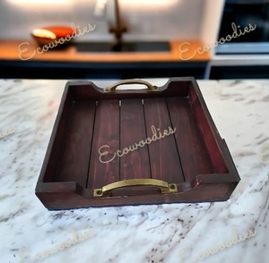 Sustainable Home Decor Breakfast Coffee Antique Rectangular Dark Brown Tray Solid <b>Wooden</b> Serving Tray With Metal Handles - Product Image 4