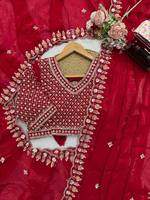 Sari en soie rouge de créateur pour femme, extensible, infroissable, avec bordure richement brodée de sequins, longueur cheville, idéal pour les fêtes de Diwali et les mariages