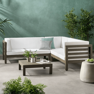 Ensemble modulable d'extérieur en bois avec coussins blancs – Collection de mobilier de jardin - Product Image 1