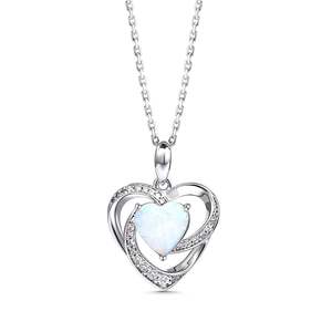 Jeulia Sparkles Heart <b>Opal</b> Rhodium Plated Sterling Silver <b>Necklace</b> with Claw Setting - Product Image 1