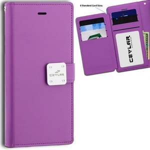 Funda de Piel Sintética de Lujo para iPhone 15 Pro Max 6.7 con 6 Ranuras para Tarjetas, Violeta (Empaque Individual) - Product Image 1