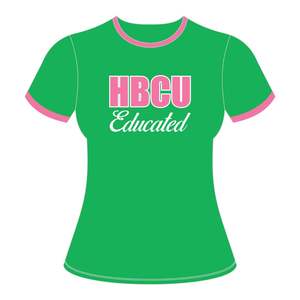 HBCU femmes éduquées Chenille contraste garniture sonnerie t-shirt vert avec des lettres brodées roses coton sororité collégiale t-shirt - Product Image 2