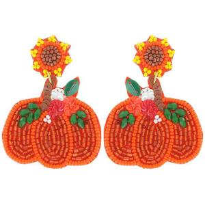 Pendientes bordados con cuentas de semillas de Halloween hechos a mano de La India Diseño de girasol de calabaza de otoño con diamante de perla para regalos de fiestas - Product Image 1
