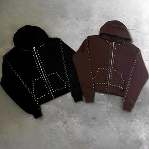 Sweat à capuche personnalisé avec strass 100% coton Streetwear Full Zip Up Vintage Hoodie Zipper Screen Printing Hoodie 500gsm French Terry - Product Image 3