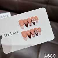 Faux ongles à presser faits main A680 Amande, motif floral dégradé, qualité salon