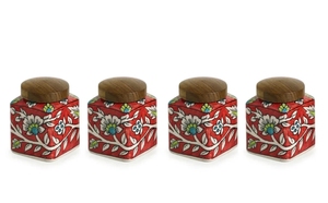 Mughal Cuboidal 'tarros y contenedores de almacenamiento multiusos en cerámica con soporte de madera Juego de 4 herméticos en relieve a mano - Product Image 5