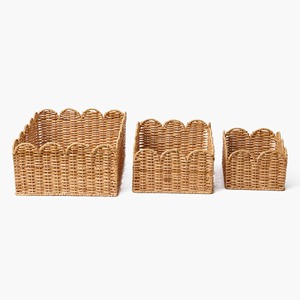 <b>Rectangle</b> Scalloped Rattan <b>Baskets</b> Set of 3 Handmade <b>Storage</b> <b>Basket</b> Wholesale eco-friendly Made in Viet Nam - Product Image 2