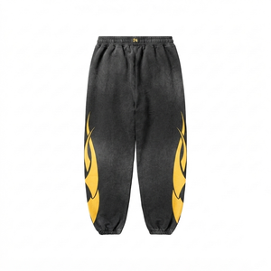 Pantalon de jogging pour homme 100% coton sergé respirant écologique séchage rapide 320 GSM délavé à l'acide noir avec panneau latéral jaune OEM ODM - Product Image 2