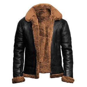 Blouson aviateur en cuir et coton pour hommes, col à revers, manteau de moto classique et chaud de style aviateur, doublé polaire, hiver, toile formelle - Product Image 6