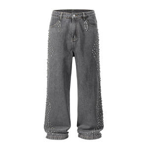 Nouveau Jean en Denim Baggy Droit pour Homme de Haute Qualité, Premium, Personnalisé, 14oz, Effet Délavé Vintage, avec Strass, Vente en Gros, Style Streetwear - Product Image 2