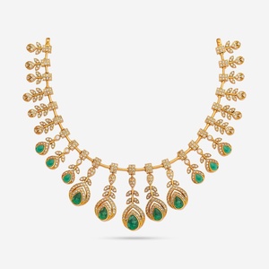 Collier court de mariage pour femme, en argent, style ethnique, plaqué or, avec pierre verte et motif végétal, objet de collection 188209 - Product Image 1