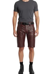 Custom <b>Men</b> Brown Genuine Leather <b>Shorts</b> with Utility Zip Pockets <b>Slim</b> <b>Fit</b> Design - Product Image 4