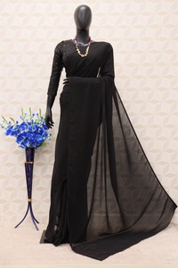 Hot Sale Designer Party Look <span class=keywords><strong>Sexy</strong></span> schwarze Farbe Georgette Plain Saree mit Designer Heavy Thread & Sequence Work Organza Bluse - Product Image 4