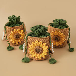 Sac seau au crochet Tournesol pour femme, sac fourre-tout en laine tricotée à double motif Tournesol, chaîne de perles tressée, motif dessin animé, fait main en laine tissée - Product Image 2