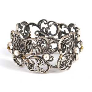 925 Sterling <b>Silver</b> Constantinople Design Antique <b>Bracelet</b> with Lustrous Pearl Stones - Product Image 1