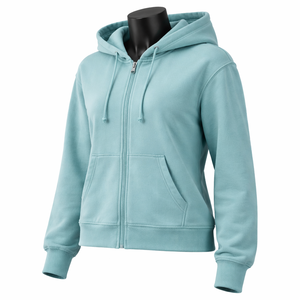 Sudadera con capucha clásica para mujer, con cremallera completa, de forro polar, color azul verdoso sólido, estilo casual urbano, personalizable con logotipo OEM. - Product Image 3