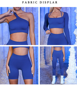 Ropa deportiva de gimnasio sin costuras para mujer, conjunto de Fitness, pantalones cortos con glúteos y Top corto con cuello Halter, logotipo frontal, patrón sólido, traje de entrenamiento de Yoga - Product Image 2