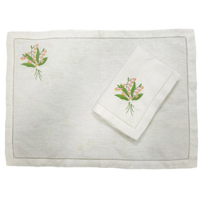 Juego de manteles individuales y servilletas de tela con diseño de lirio de los valles bordado, lino blanco ligero de lujo para uso doméstico o en restaurante - Product Image 1