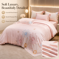 Ensemble de housse de couette brodée de fleurs roses de luxe, literie douce effet satin avec taies d'oreiller