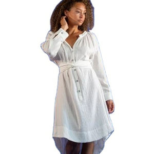 ชุดเดรสสั้นผ้าลินินพร้อมเข็มขัดยาวถึงเข่าทรงหลวมทรงพอดีตัวคอวีแขนยาวผ้าลินิน - Product Image 1