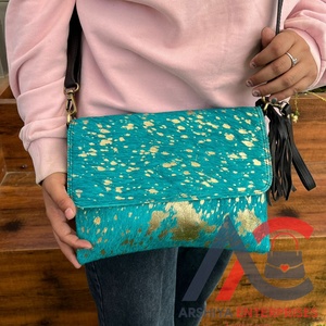 Western Handcrafted <b>Crossbody</b> Wristlet <b>Purse</b> Metallic Hair on Hide Fur Leather with Tassel Chain Decoration Multi-Color Fur Bags - Product Image 1