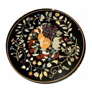 Round Shape Handmade Best Quality Pietra Dura Polished <b>Black</b> Marble Inlay Table Top With Smooth And Glossy Surface - Product Image 1