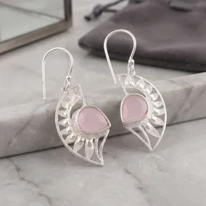 Women’s 925 <b>Sterling</b> <b>Silver</b> Bohemian Drop <b>Earrings</b>, Geometric Pattern, Rose Chalcedony Bezel Set, Handmade <b>Dangle</b> <b>Earrings</b>, Ever - Product Image 1