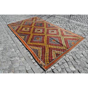 Alfombra Kilim turca vintage, alfombra clásica de yute de tejido plano de 6x10,8 pies con patrón de retazos en rojo y amarillo para adolescentes - Product Image 2