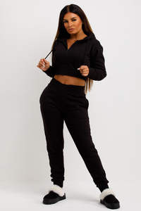 AASTANA WEARS INC Custom <b>Black</b> <b>Women's</b> 2-Piece Fleece Tracksuit Set <b>Zip</b> Front Cropped <b>Hoodie</b> Sweatpants Quick Dry Breathable - Product Image 2