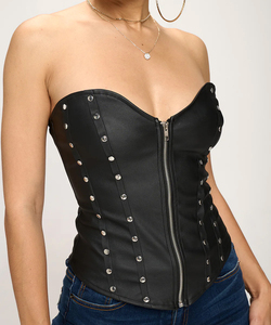 Wholesale New Women Breathable Rivet Stud Detailed Zip Front Adjustable Back <b>Lace</b> PU Leather <b>Corset</b> Top - Product Image 4