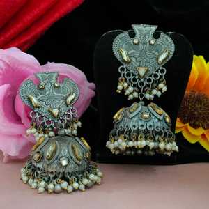 Classic Vintage Girl's Fashion Dangle <b>Earrings</b> Dual Tone Kundan Studded Oxidised <b>Jhumkas</b> with Harmonious Silver Gold Hues - Product Image 2