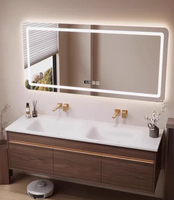Mueble de Baño Moderno Flotante con Chapa de Madera, Espejo LED, Lavabo Doble y Encimera de Piedra Sólida