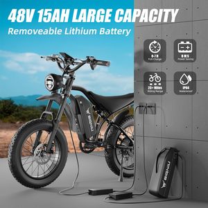 จักรยานไฟฟ้าสำหรับผู้ใหญ่ยางล้ออ้วน20 "มอเตอร์1200W สูงสุดแบตเตอรี่15A 48V ความเร็ว7ระดับดิสก์เบรกคู่สำหรับออฟโรด - Product Image 3
