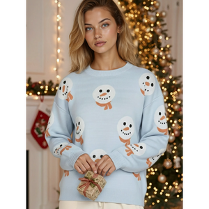 Suéter de punto con estampado navideño de muñeco de nieve, transpirable, estilo casual, largo y con logo frontal para invierno - Product Image 1