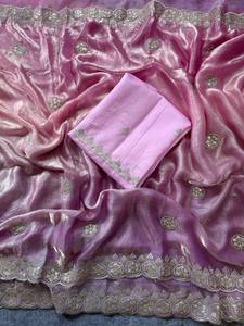 Sari de seda de gasa pura india de estilo Bollywood con hermosa secuencia de trabajo y pieza de blusa hermosa ropa de boda Sari - Product Image 3