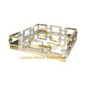 Bandeja larga de metal blanco y dorado con asas de diseñador, centro de mesa de Calidad exclusiva, bandeja decorativa y para servir - Product Image 2