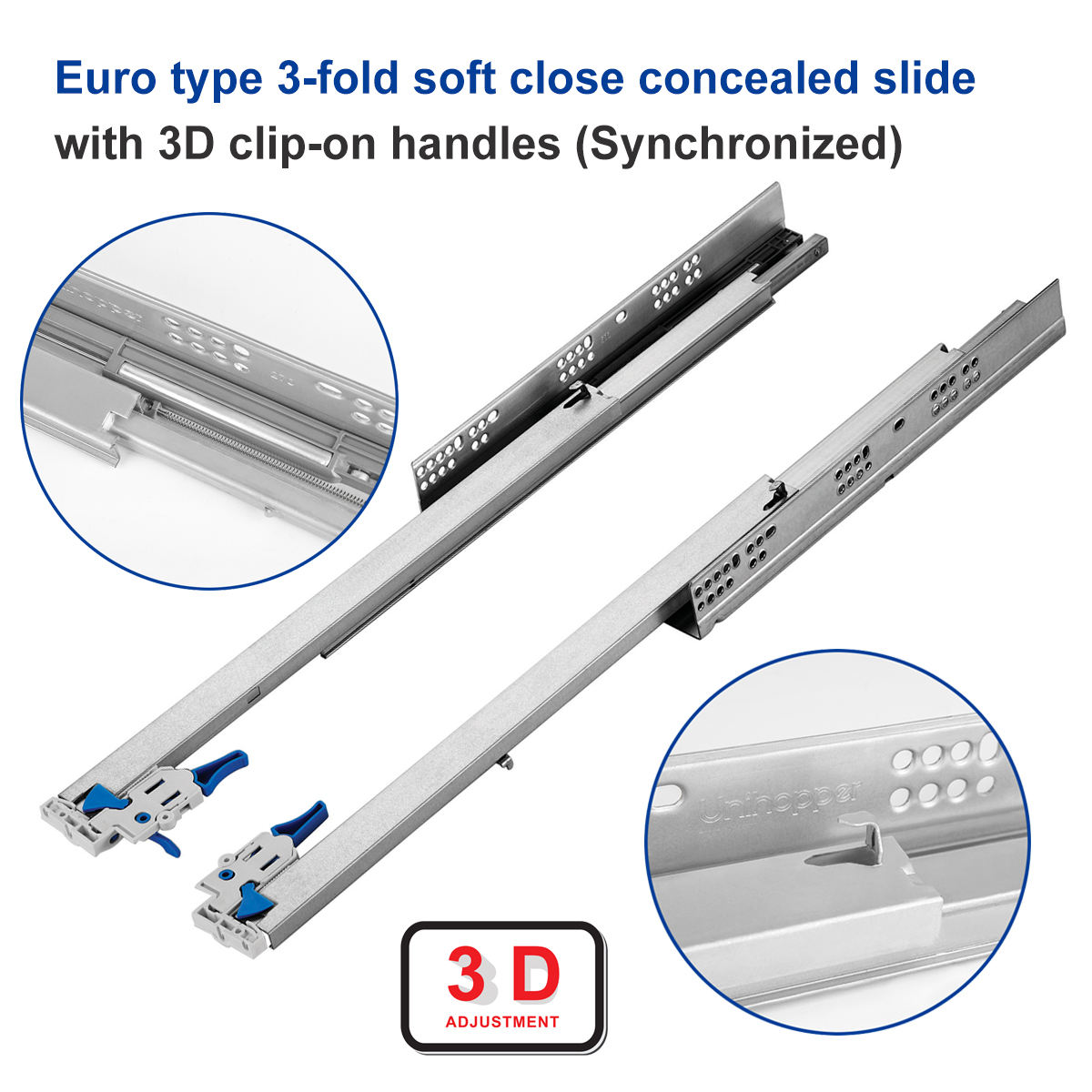 Poignées Euro à triple pliure avec fermeture amortie et clips 3D (Synchronisées)