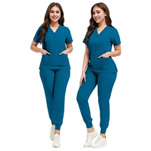 Ensemble de gommage médical personnalisé pour femmes Uniformes d'allaitement en polyester extensible Top tunique à lacets et pantalon de jogging Vêtements de travail du personnel hospitalier - Product Image 1