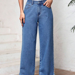 Vente en gros de nouveaux jeans décontractés amples et droits, lavés, délavés, avec strass, pour femmes - Product Image 3