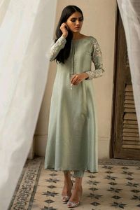 NEW STYLISH & BEAUTIFUL LONG KURTA & PANT ON SILK <b>FABRIC</b> EMBELLISH CRYSTAL GLASS BEADS, DABKA WORK for Party-WEAR @ 2022 - Product Image 2