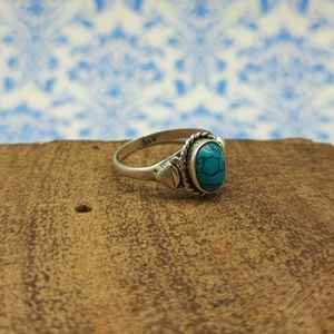 Gorgeous Howlite Turquoise Gemstone Ring Dainty Bezel Setting Light Weight Bohemian Ring Made in 925 Sterling Silver Hammered - Product Image 1