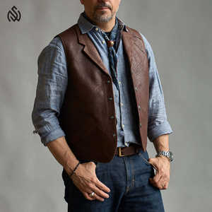 Chaleco de piel de oveja genuina con cierre de botón de forro naranja y bolsillos delanteros Chaleco transpirable personalizado OEM - Product Image 3