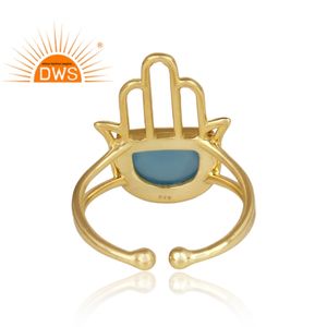 Best Selling Sterling Silver 18K Gold Plated Natural Blue Chalcedony Gemstone Hamsa Design <b>Adjustable</b> <b>Ring</b> Jewelry Manufacturer - Product Image 5
